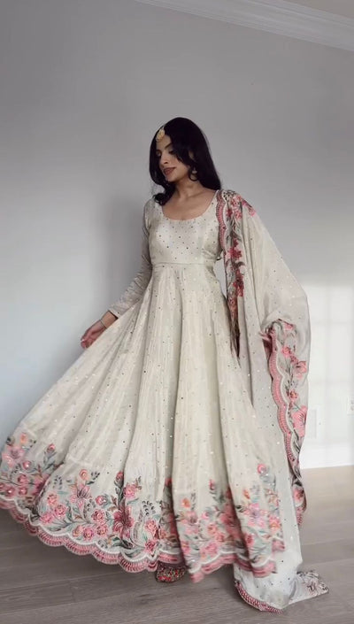 Ivory Chinon Silk Anarkali Suit Set