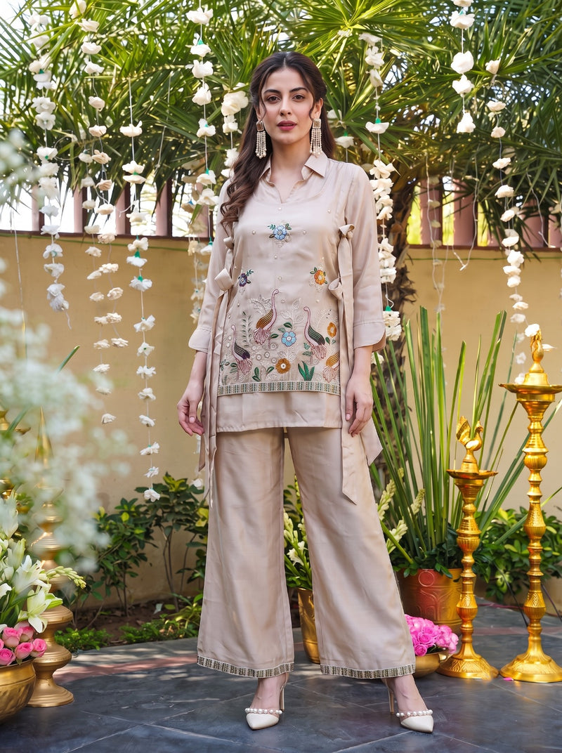 Cream Viscose Embroidered Kurta Pant Set
