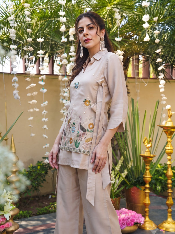 Cream Viscose Embroidered Kurta Pant Set