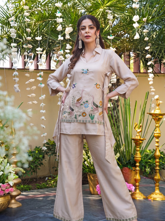 Cream Viscose Embroidered Kurta Pant Set