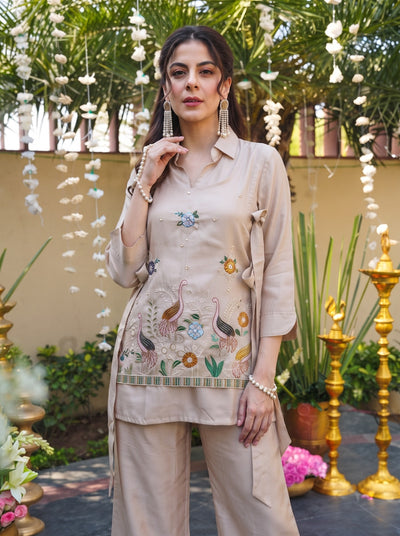 Cream Viscose Embroidered Kurta Pant Set