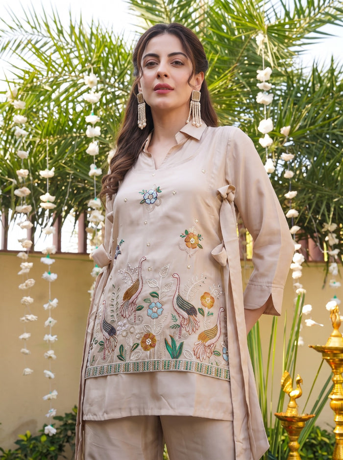 Cream Viscose Embroidered Kurta Pant Set