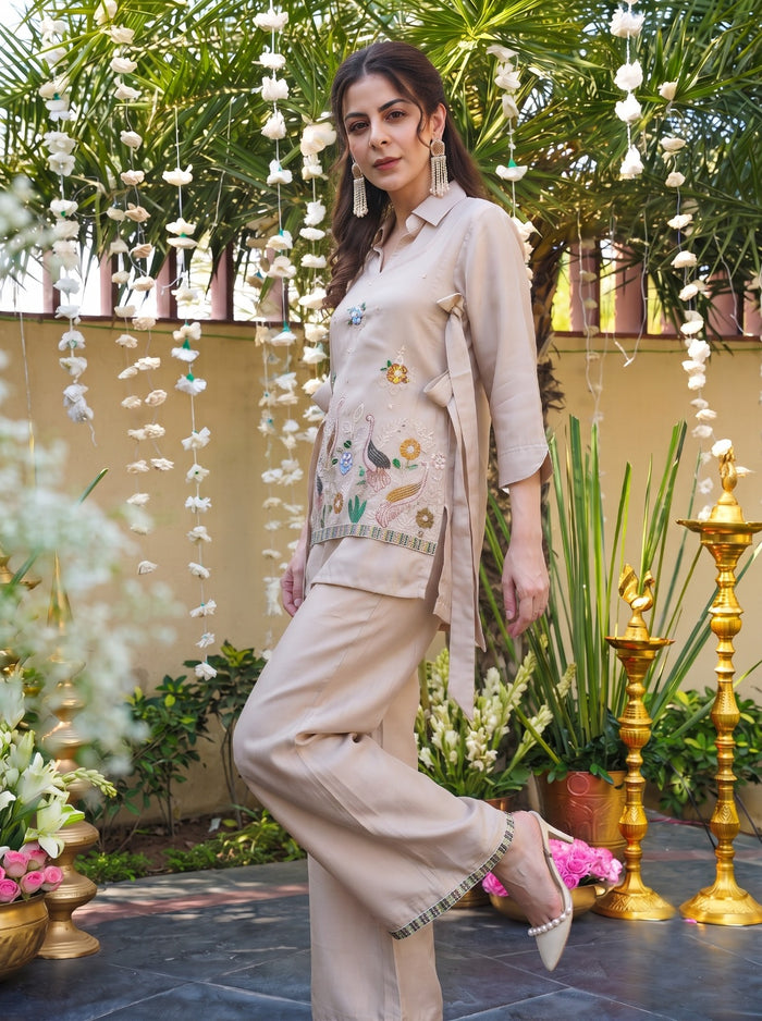 Cream Viscose Embroidered Kurta Pant Set