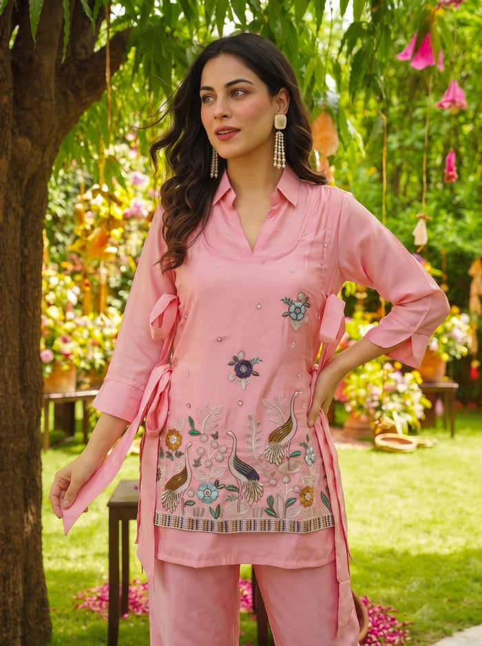 Peach Viscose Embroidered Kurta Pant Set
