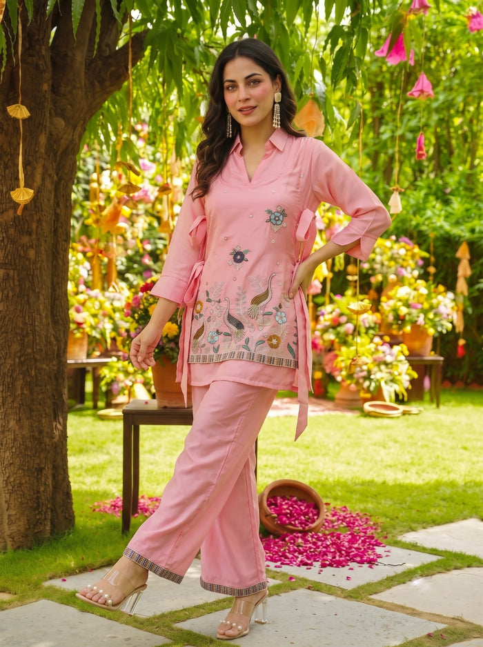 Peach Viscose Embroidered Kurta Pant Set