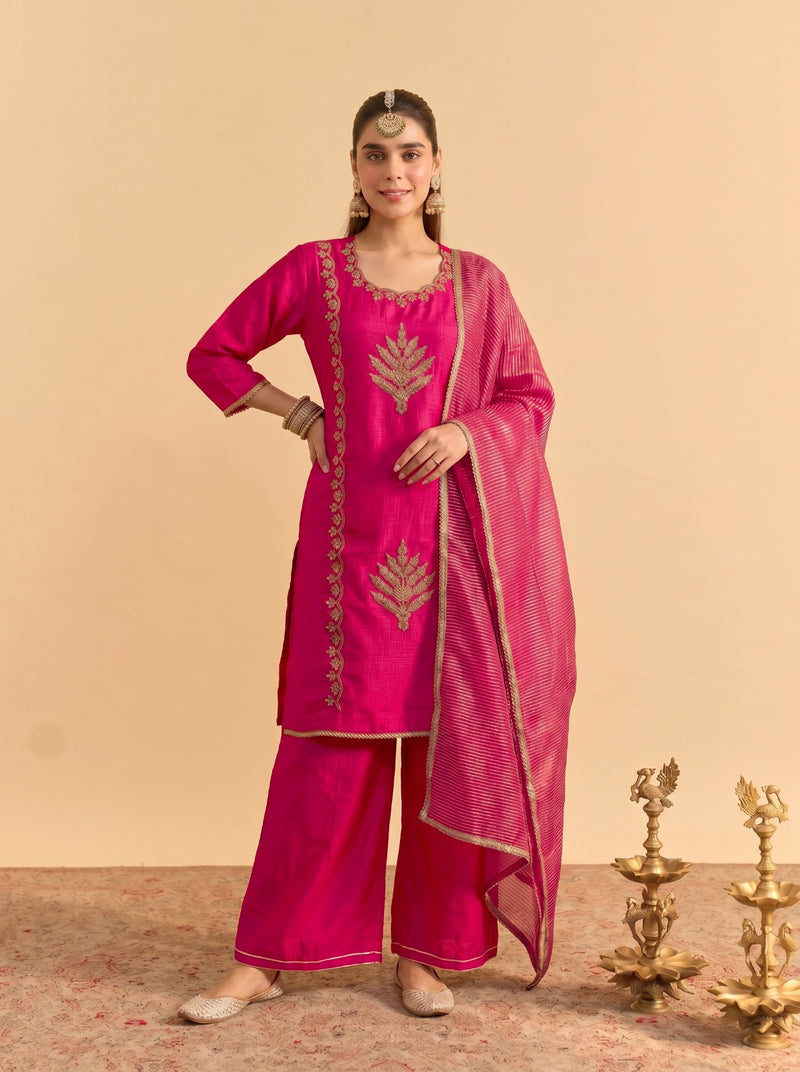 Pink Silk Blend Embroidered Suit Set