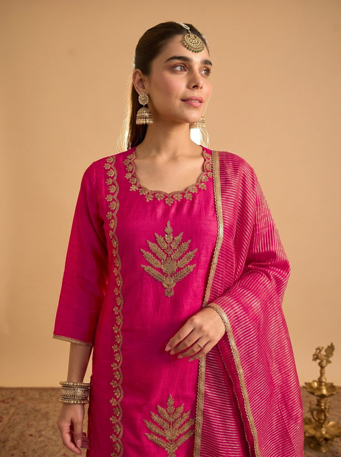 Pink Silk Blend Embroidered Suit Set