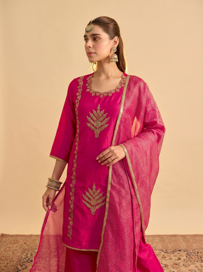 Pink Silk Blend Embroidered Suit Set