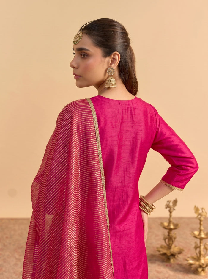 Pink Silk Blend Embroidered Suit Set