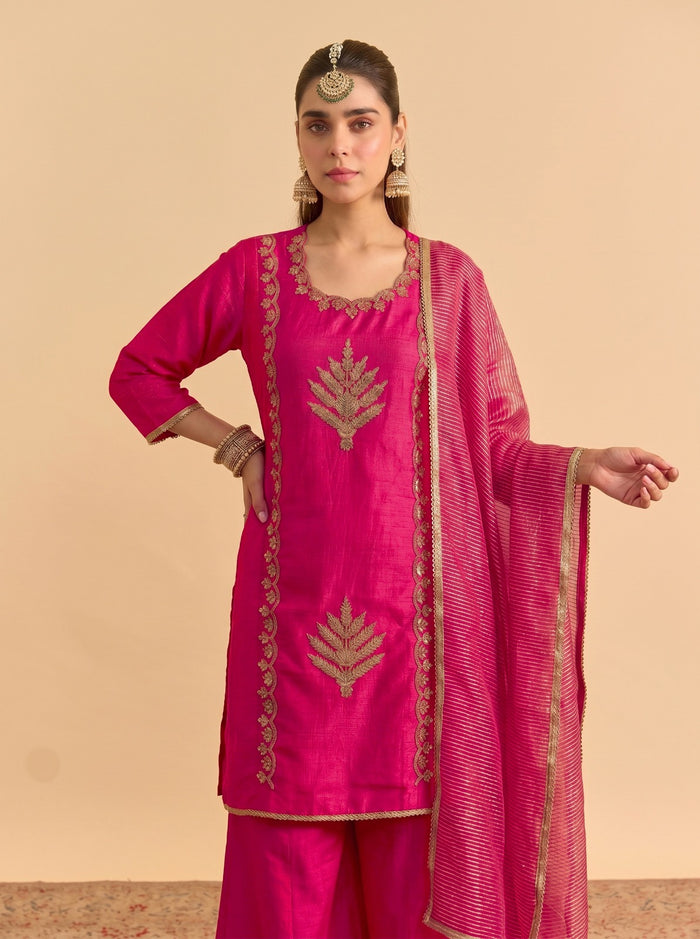 Pink Silk Blend Embroidered Suit Set
