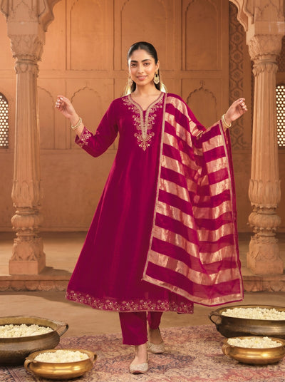 Rani Pink Vichitra Silk Kurta Pant Set