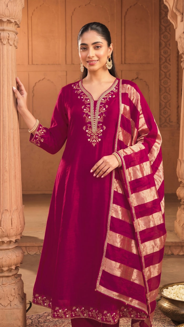 Rani Pink Vichitra Silk Kurta Pant Set