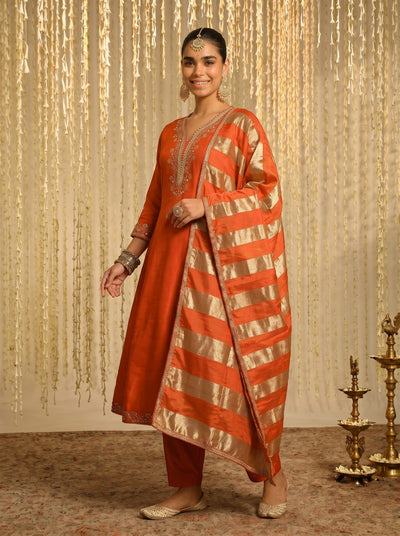 Orange Vichitra Silk Festive Kurta Set