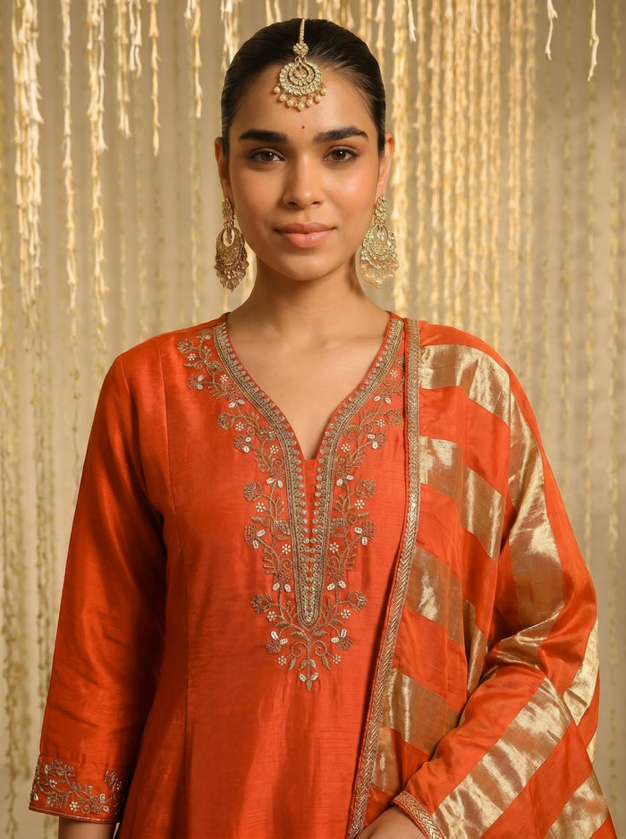 Orange Vichitra Silk Festive Kurta Set