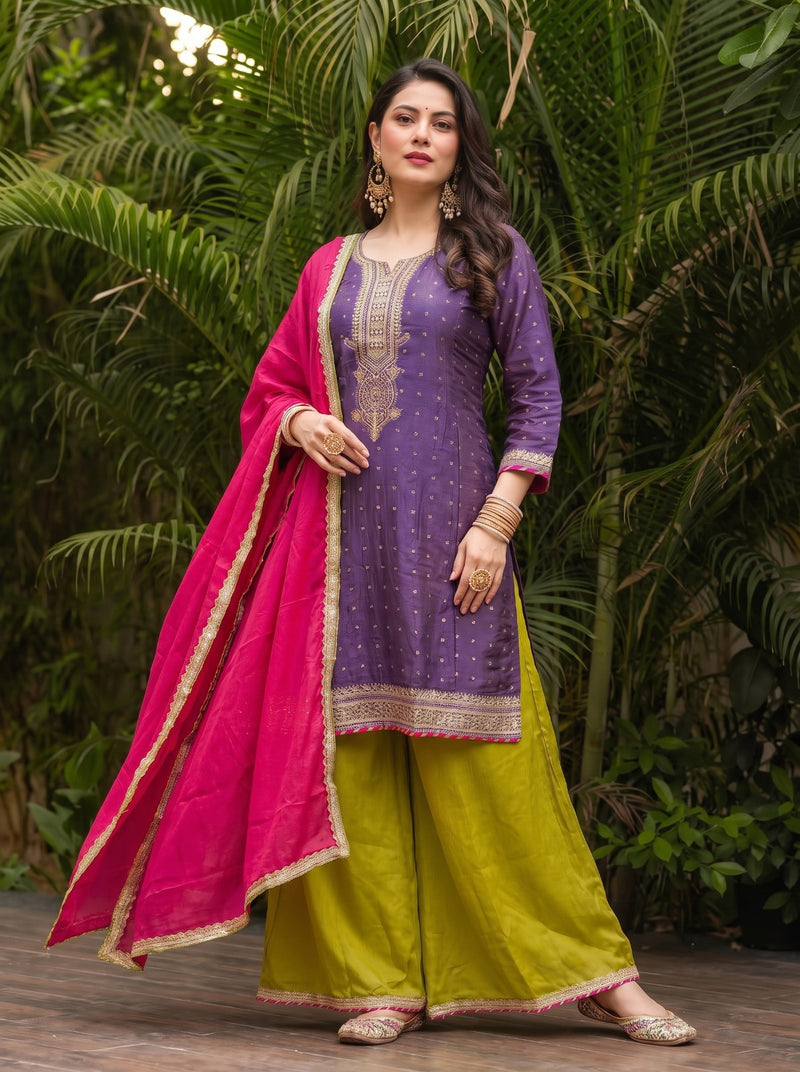 Royal Plum Embroidered Silk Suit Set