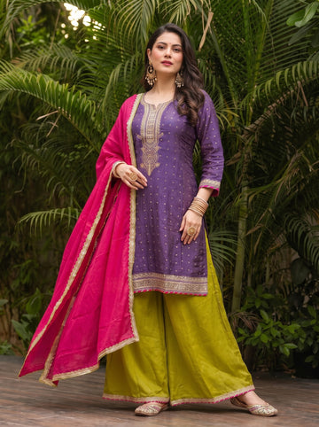 Royal Plum Embroidered Silk Suit Set