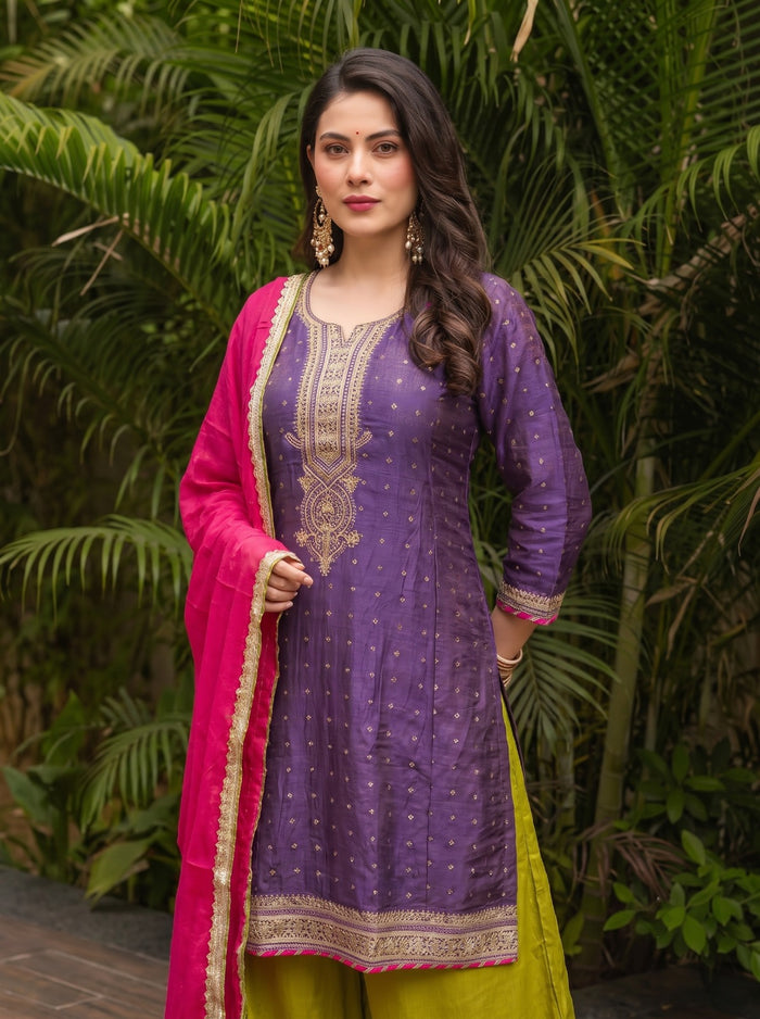 Royal Plum Embroidered Silk Suit Set