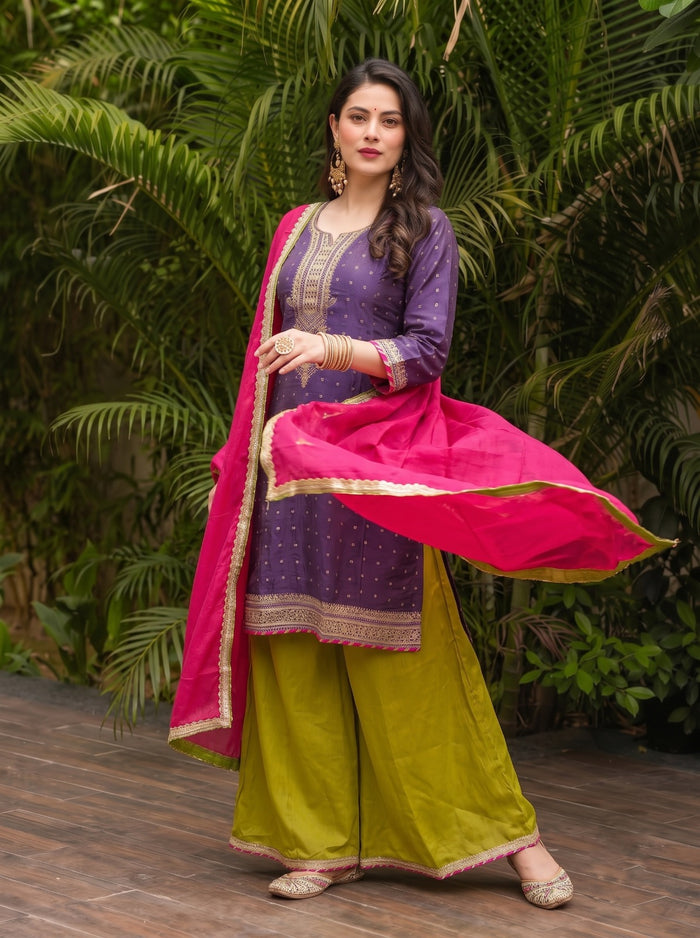 Royal Plum Embroidered Silk Suit Set