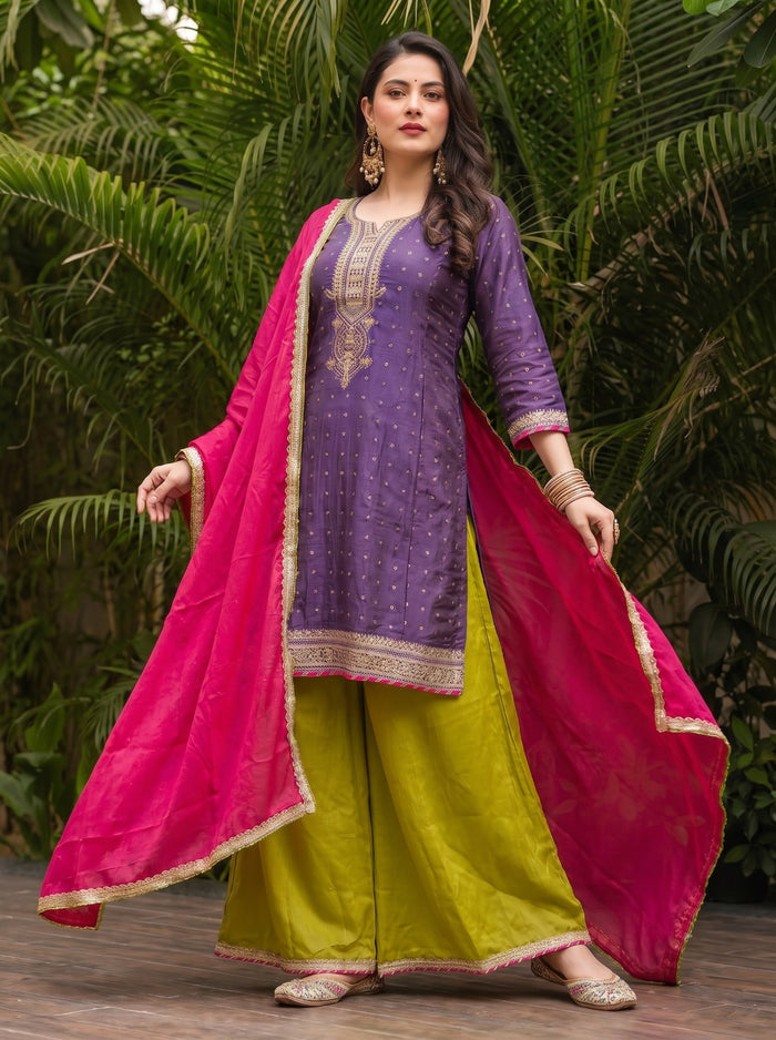Royal Plum Embroidered Silk Suit Set