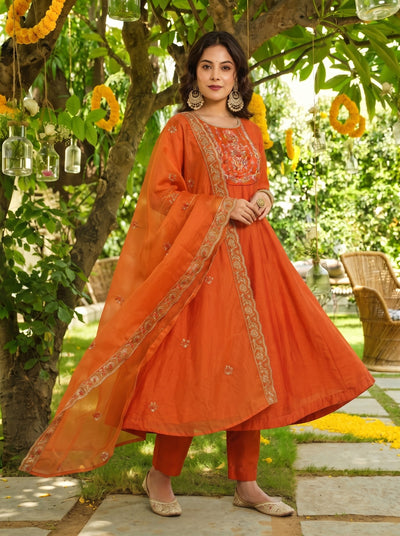 Amber Orange Vichitra Silk Suit Set