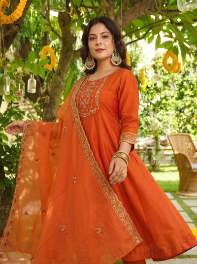 Amber Orange Vichitra Silk Suit Set