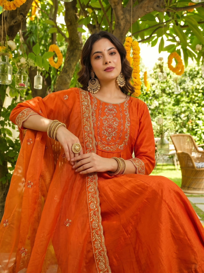 Amber Orange Vichitra Silk Suit Set
