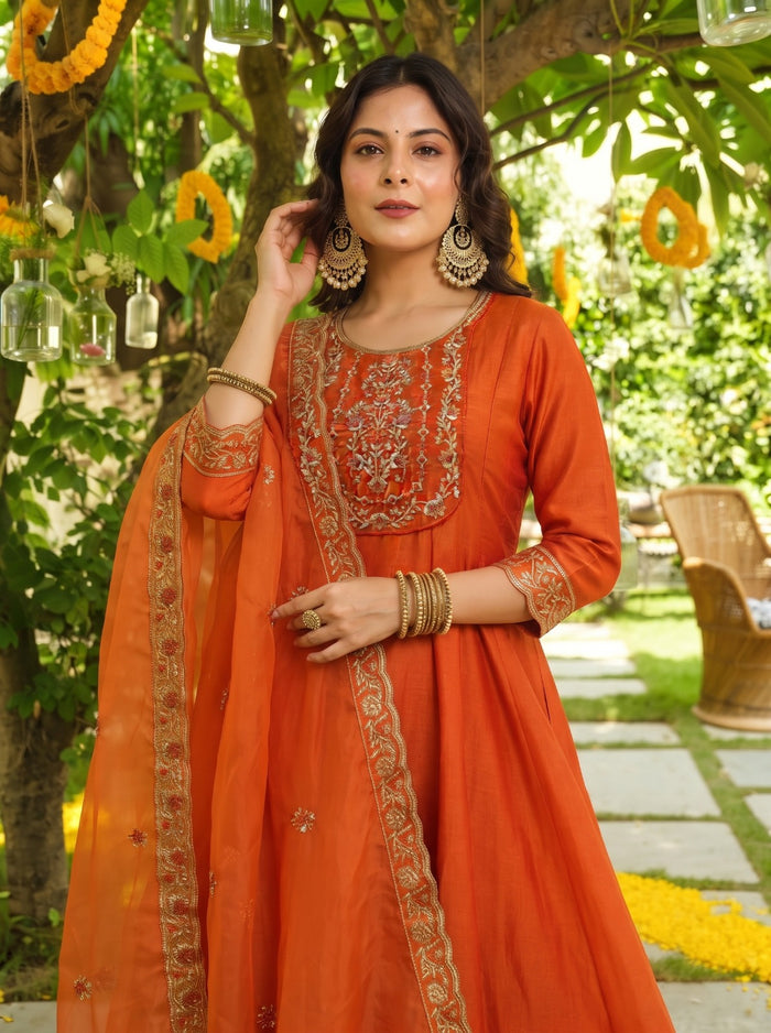 Amber Orange Vichitra Silk Suit Set