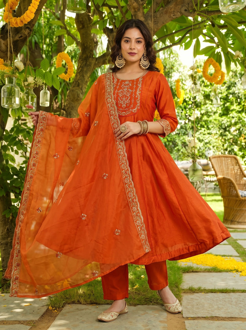 Amber Orange Vichitra Silk Suit Set