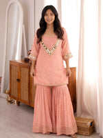 Peach Viscose Zari Kurta Pant Set