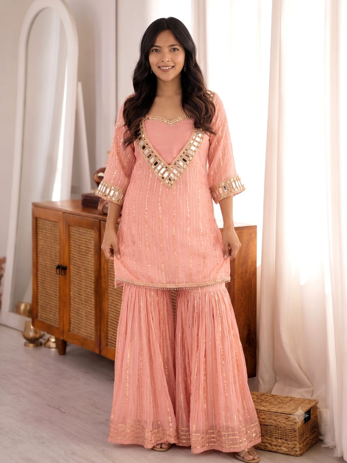 Peach Viscose Zari Kurta Pant Set