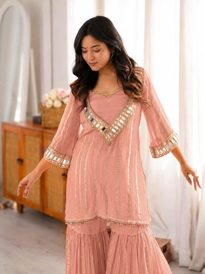 Peach Viscose Zari Kurta Pant Set