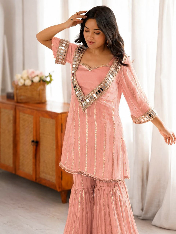 Peach Viscose Zari Kurta Pant Set