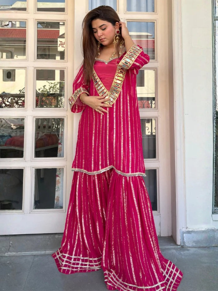 Rani Pink Viscose Zari Kurta Pant Set