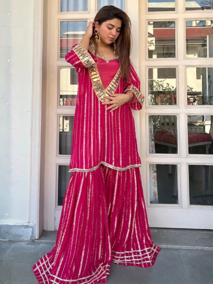 Rani Pink Viscose Zari Kurta Pant Set