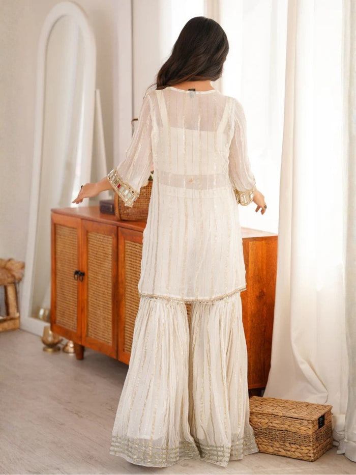 White Viscose Zari Kurta Pant Set