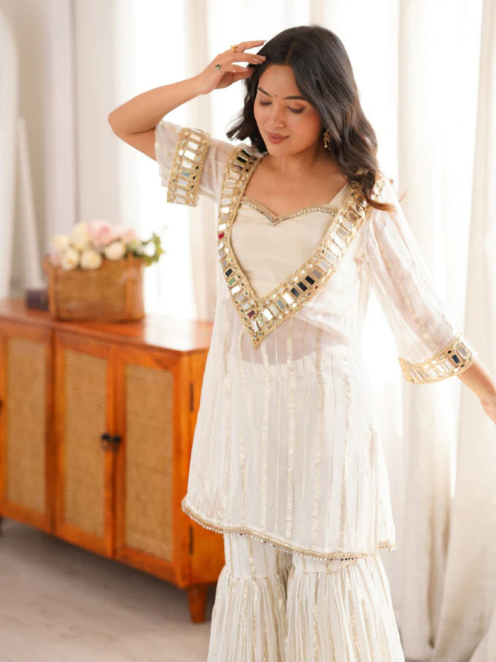 White Viscose Zari Kurta Pant Set