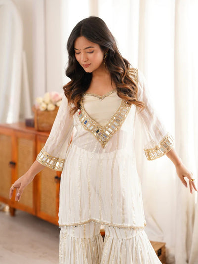 White Viscose Zari Kurta Pant Set