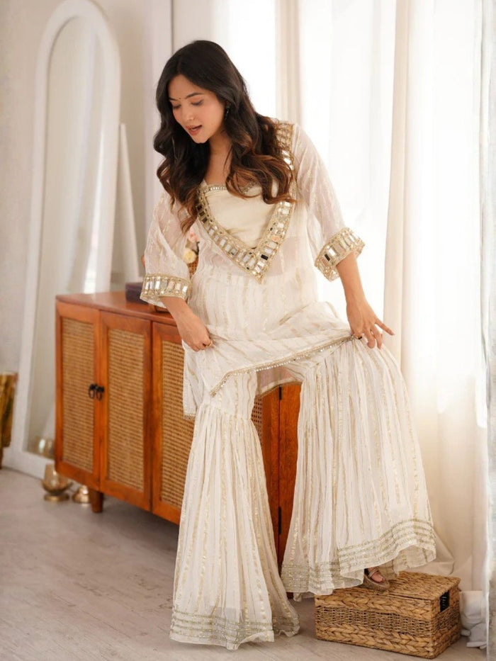 White Viscose Zari Kurta Pant Set
