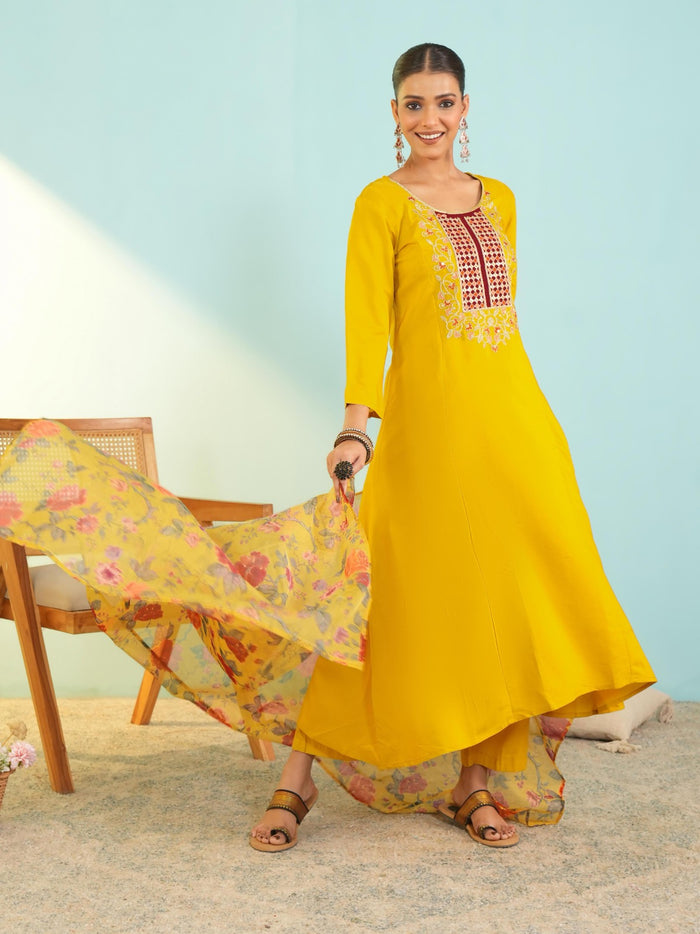 Mustard Viscose Tabby Silk Suit Set