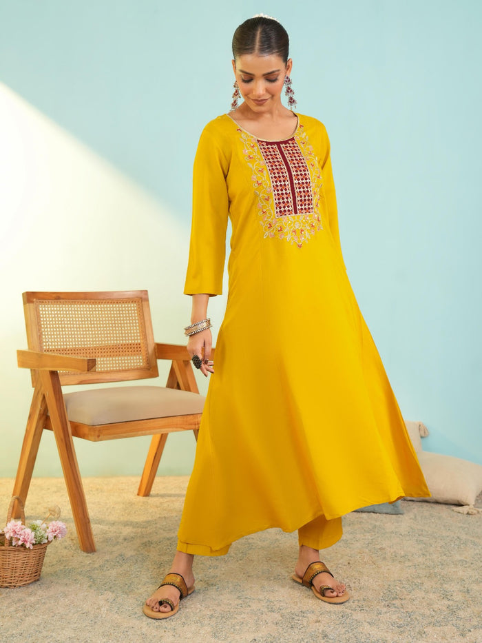 Mustard Viscose Tabby Silk Suit Set