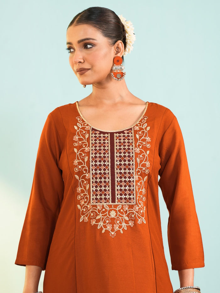 Rust Viscose Tabby Silk Suit Set