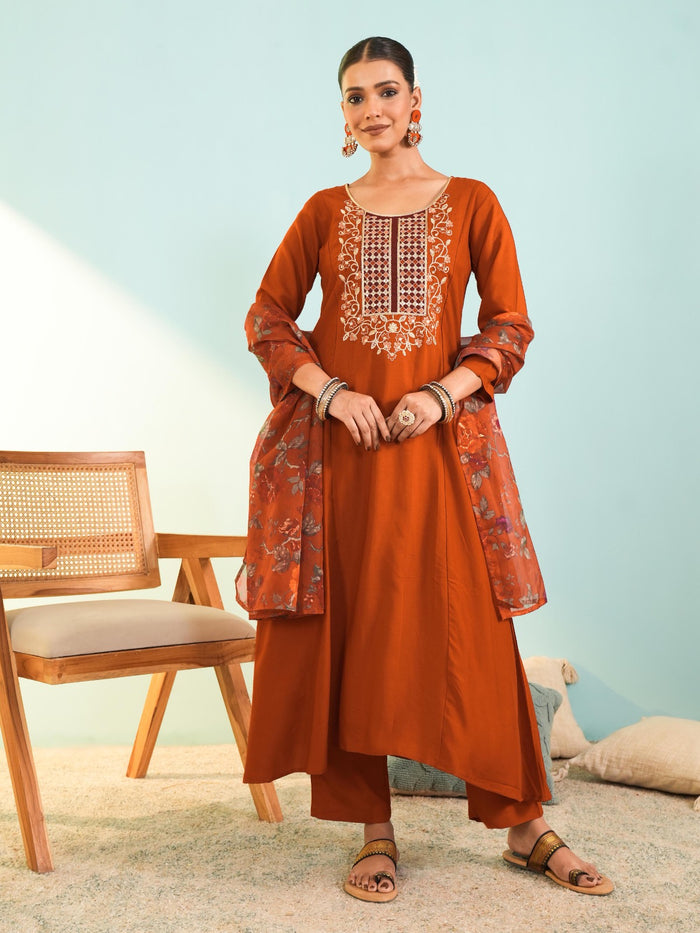 Rust Viscose Tabby Silk Suit Set