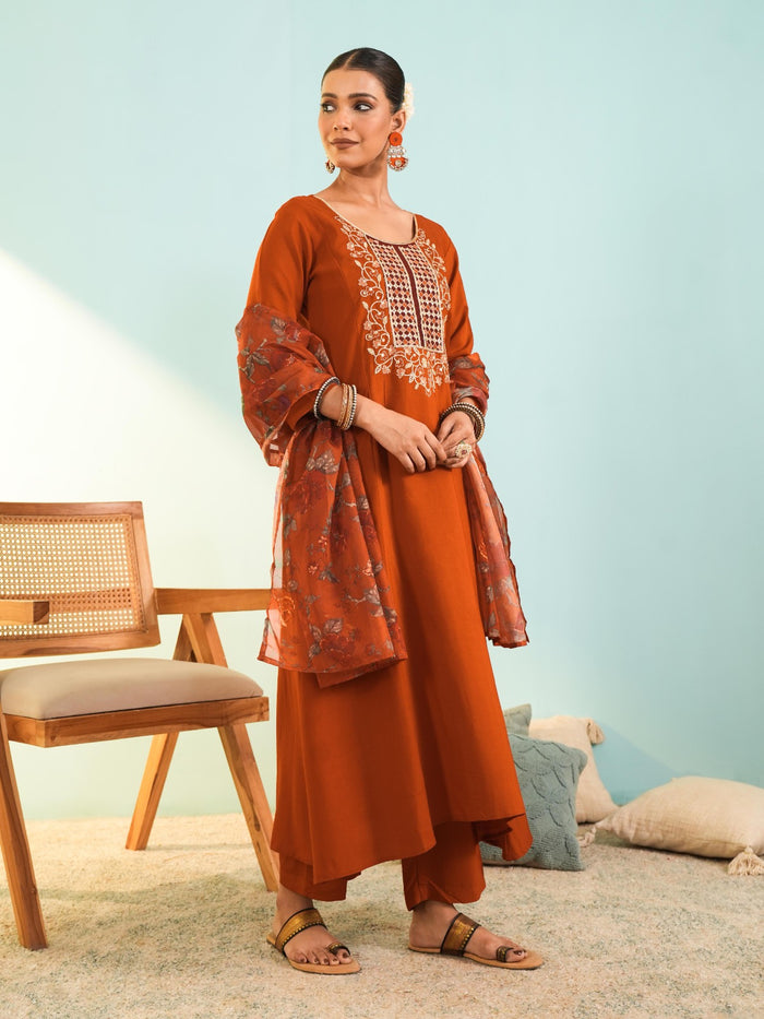 Rust Viscose Tabby Silk Suit Set