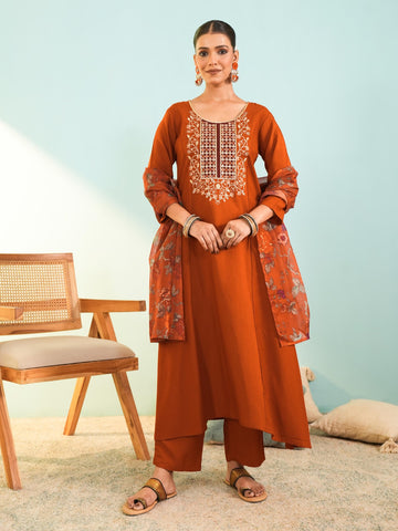 Rust Viscose Tabby Silk Suit Set