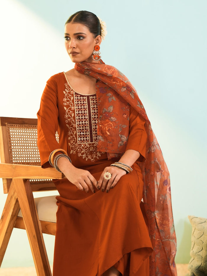 Rust Viscose Tabby Silk Suit Set