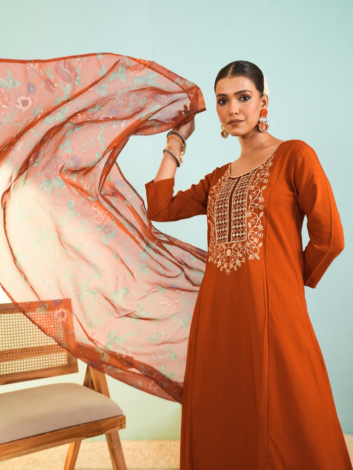 Rust Viscose Tabby Silk Suit Set