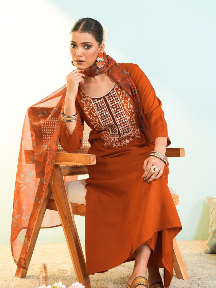 Rust Viscose Tabby Silk Suit Set