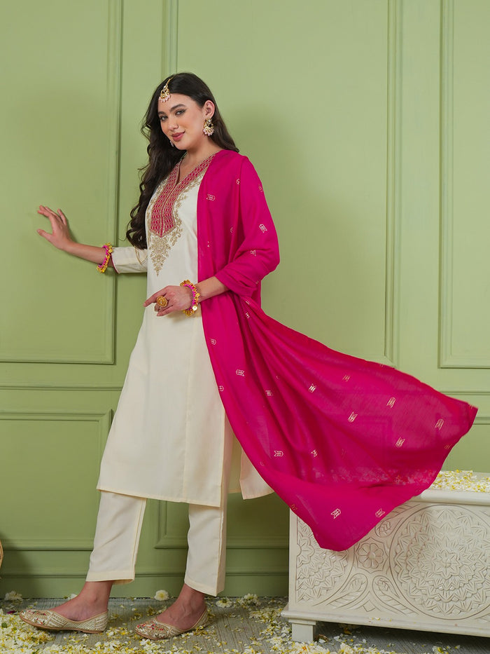 Off White Simmer Vichitra Silk 3-Piece Suit Set