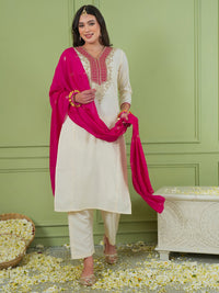 Off White Simmer Vichitra Silk 3-Piece Suit Set