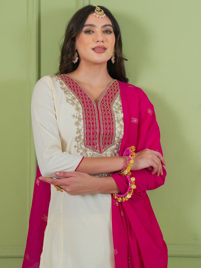 Off White Simmer Vichitra Silk 3-Piece Suit Set